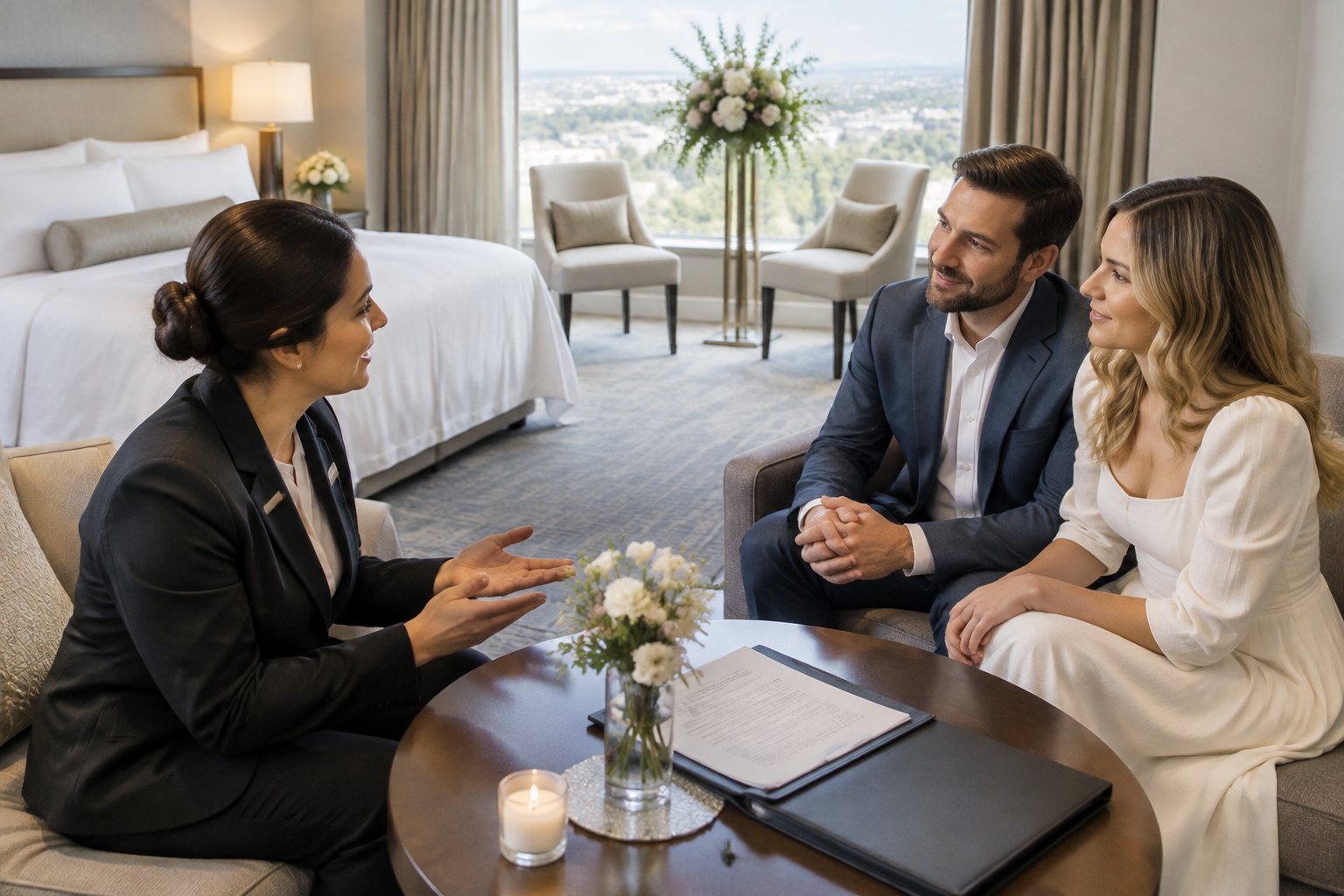 A hotel coordinator discusses a small wedding setup and paperwork with an engaged couple in an elegant hotel suite.