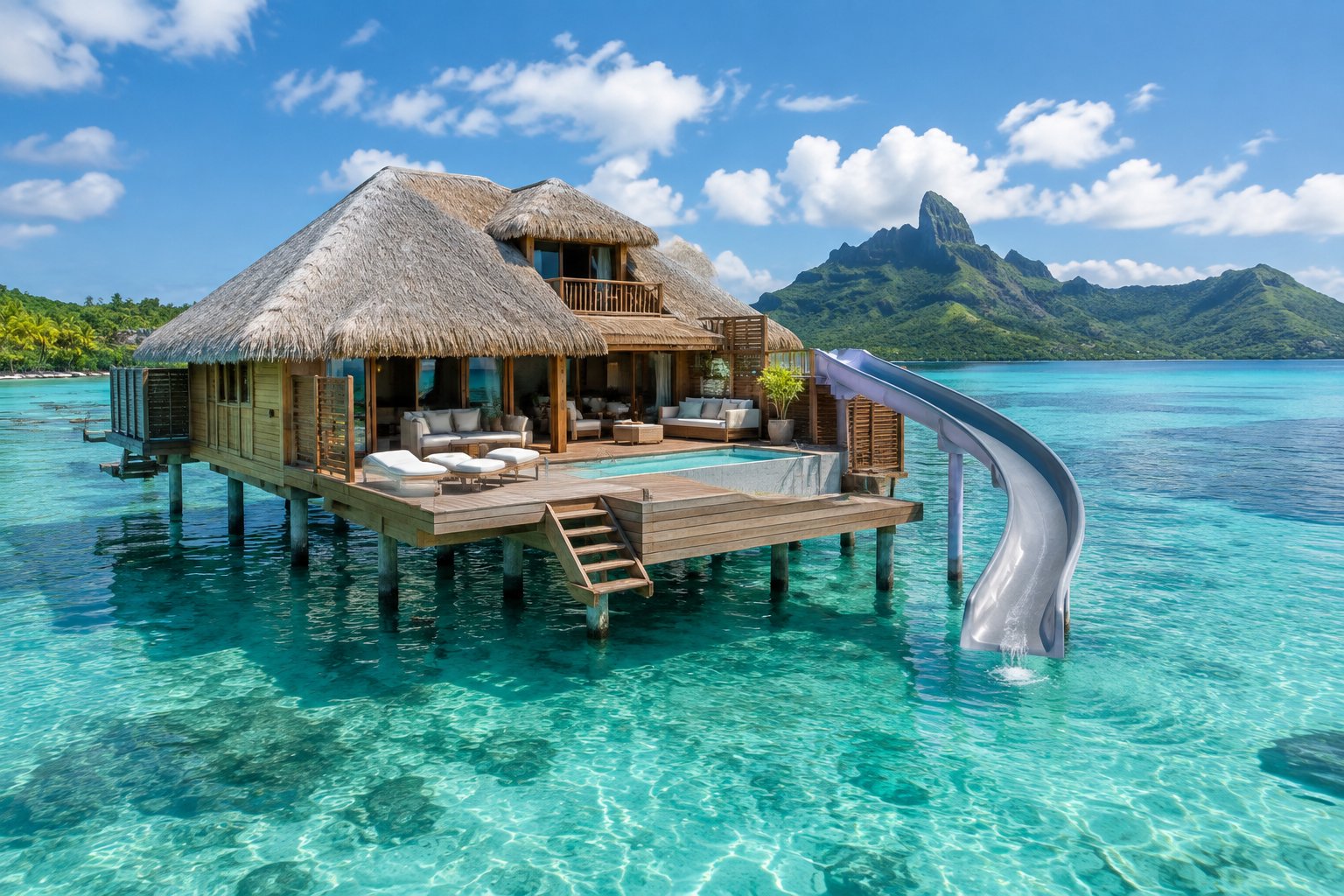A luxury overwater bungalow with a slide extending into the turquoise lagoon of Bora Bora.