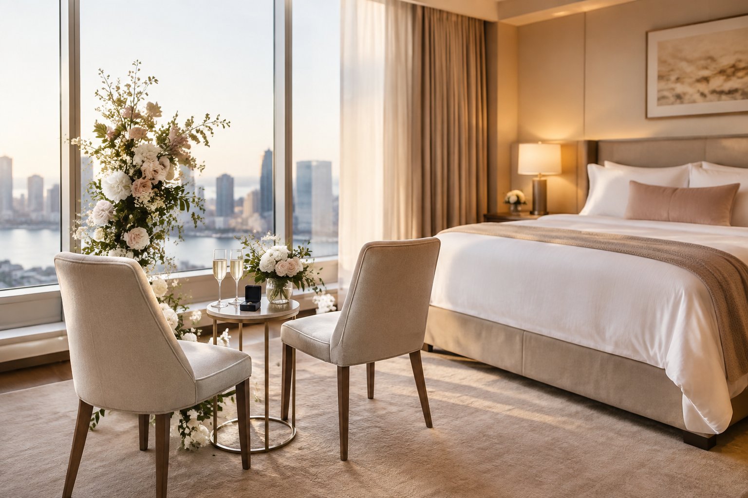 An elegant hotel suite arranged for an intimate wedding ceremony.