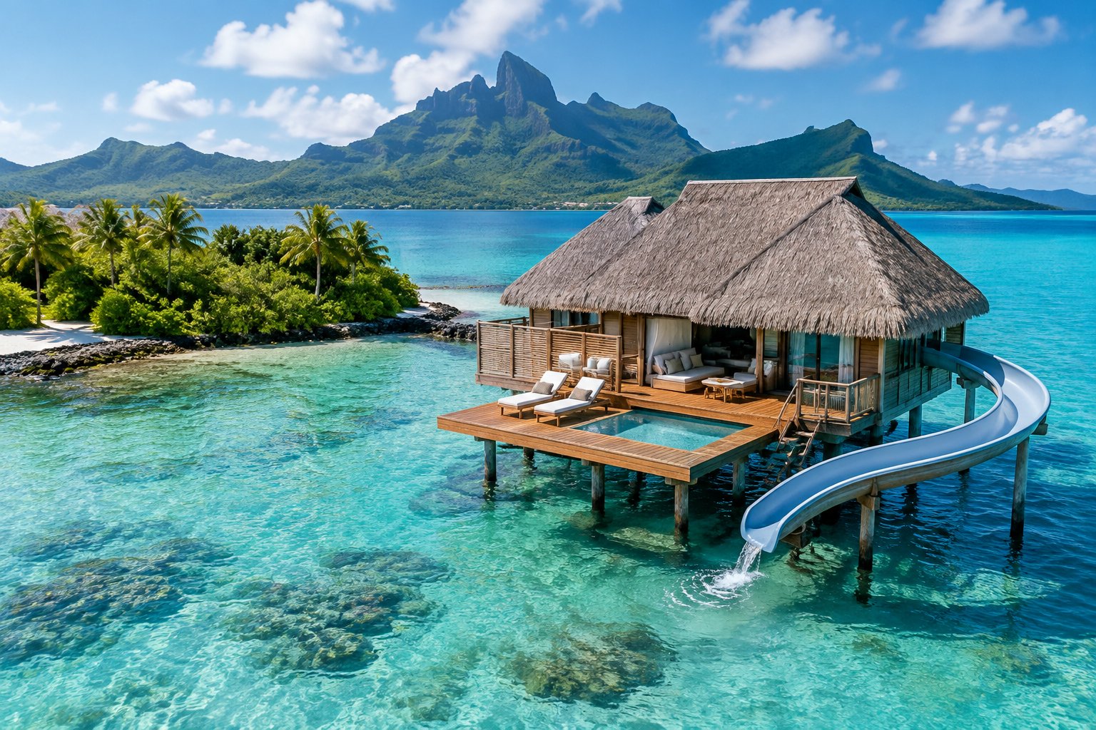 A luxury overwater bungalow with a waterslide extending into Bora Bora’s turquoise lagoon, with tropical mountains in the background.