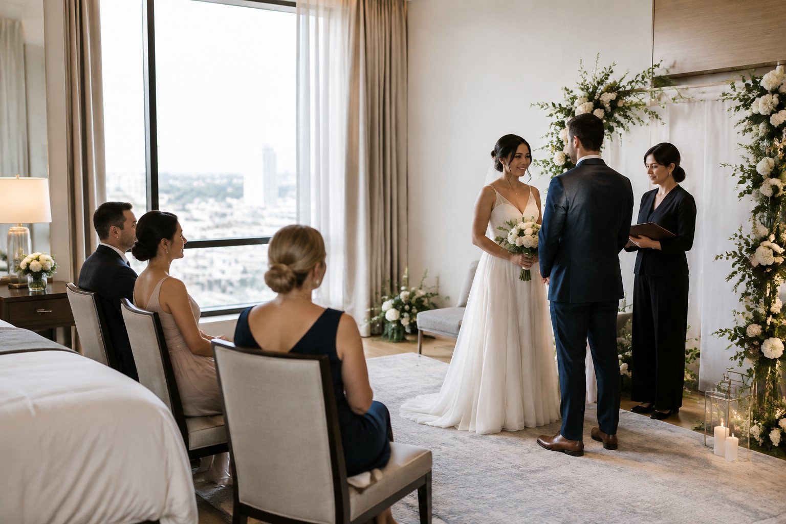 A couple celebrates an intimate wedding ceremony in a decorated hotel room with a few guests.