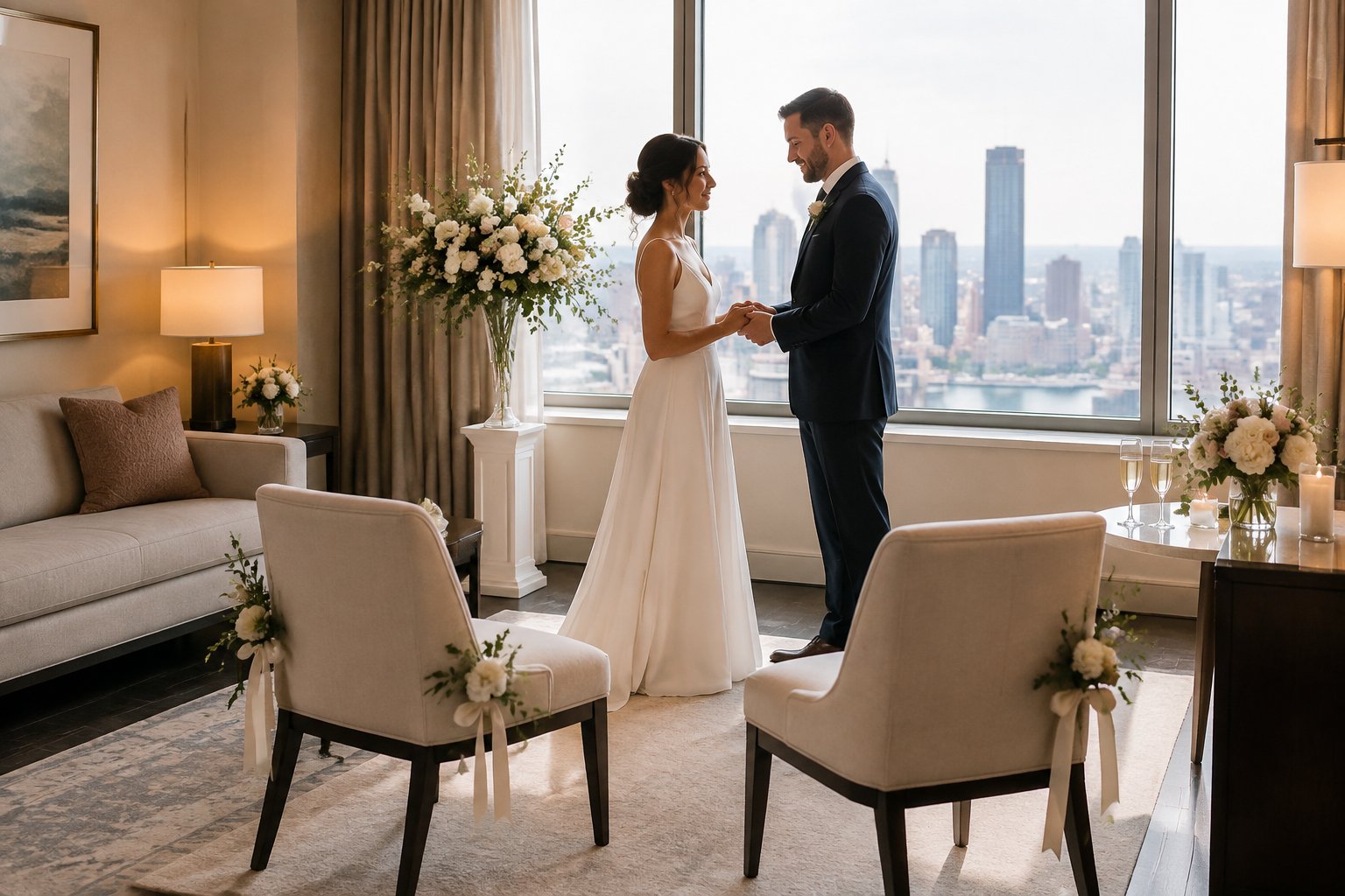 A couple holds an intimate wedding ceremony in an elegant hotel room.