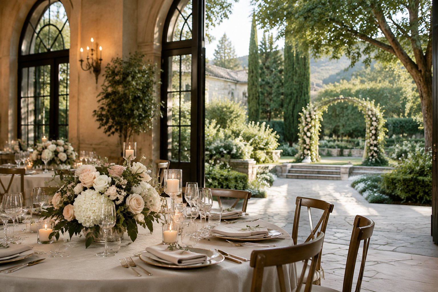 An elegant wedding reception set in a boutique venue beside a landscaped garden.