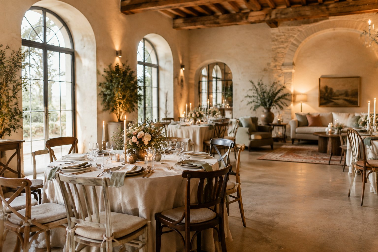 An intimate wedding reception with elegant tables, candles, flowers, and distinctive architectural details.