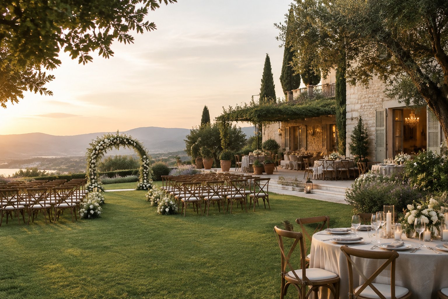 An elegant boutique wedding venue with a garden ceremony area, decorated reception tables, and lush landscaping.