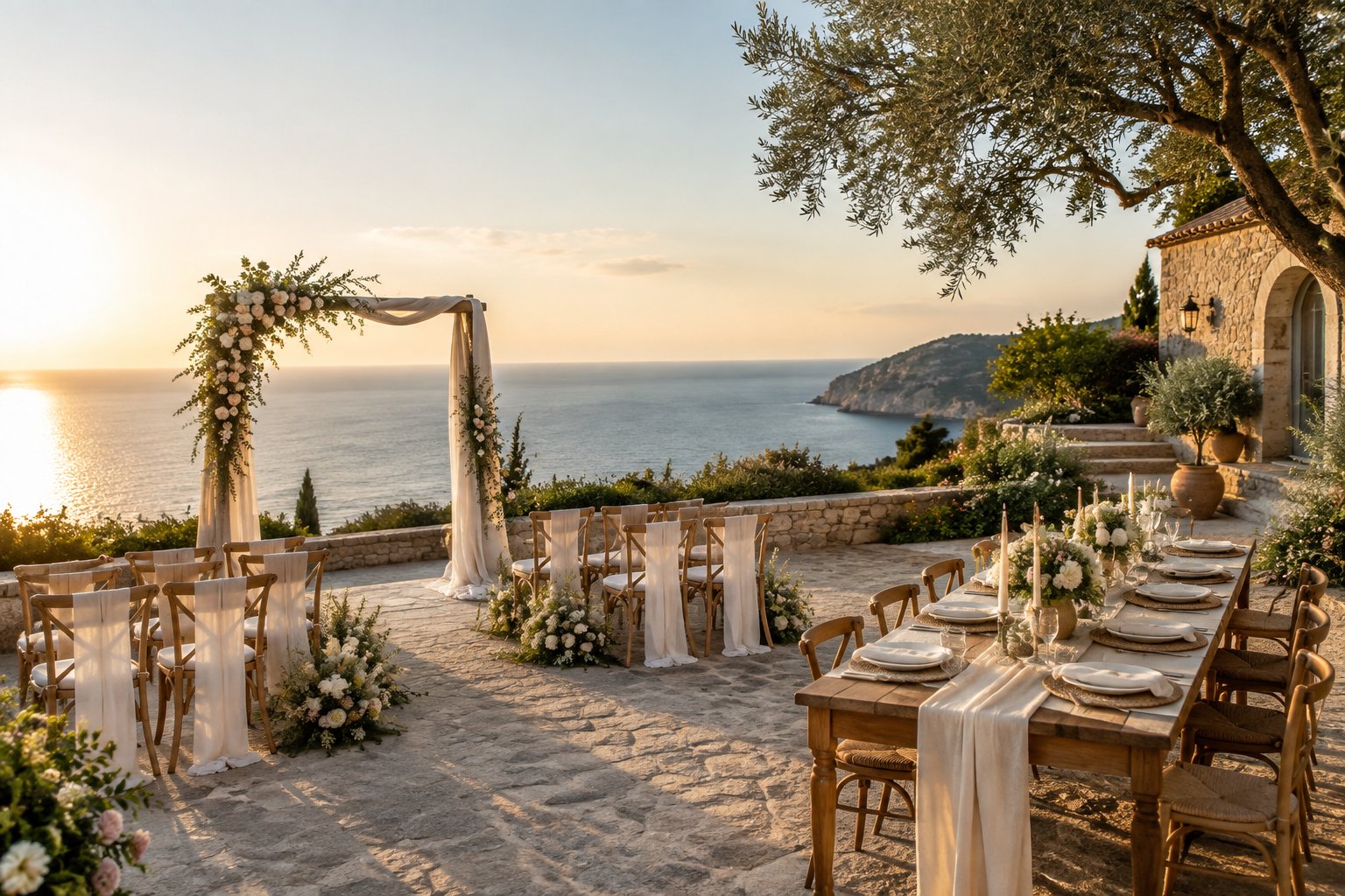 An intimate outdoor wedding setup at a boutique seaside venue with floral décor and a styled reception table.