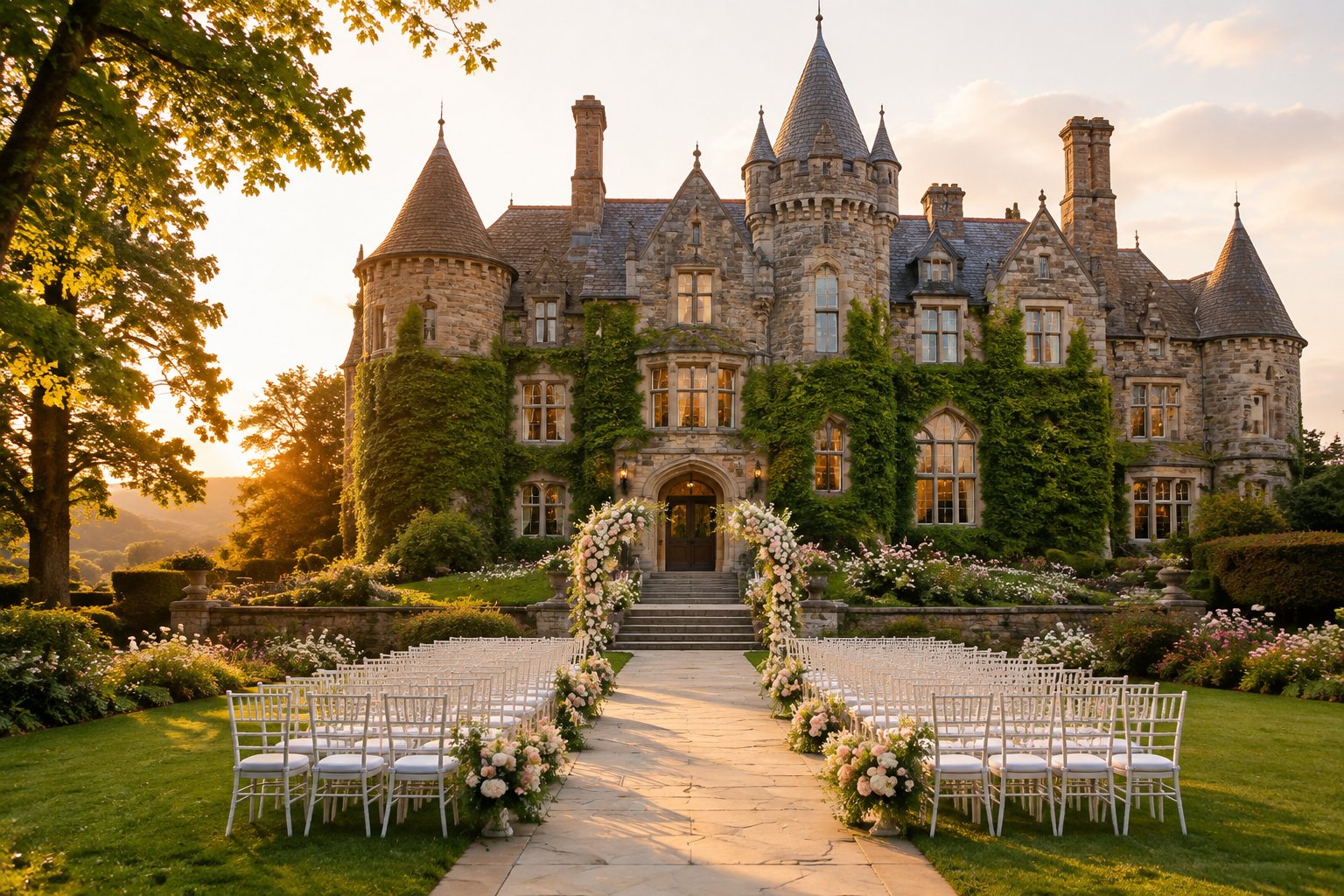 A grand stone castle wedding venue surrounded by formal gardens and an outdoor ceremony setup.