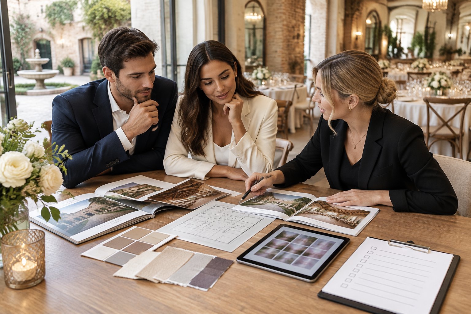 A couple and wedding planner compare boutique wedding venue options at a table.