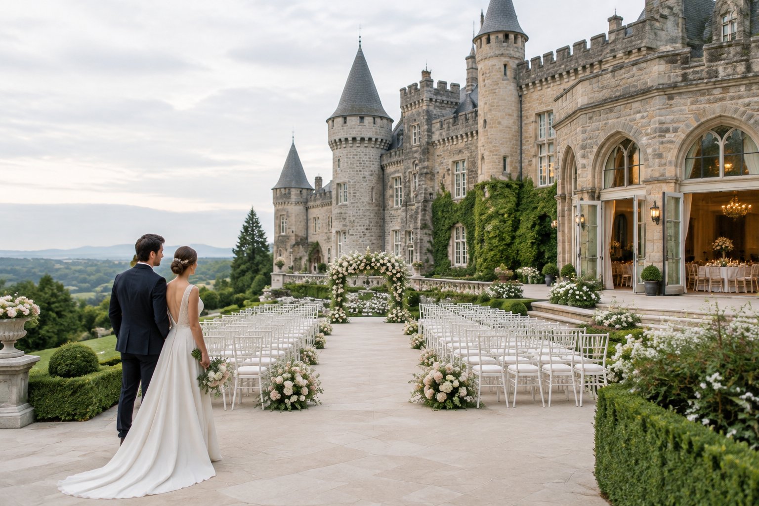 A couple views an elegant castle wedding venue with a decorated outdoor ceremony area.