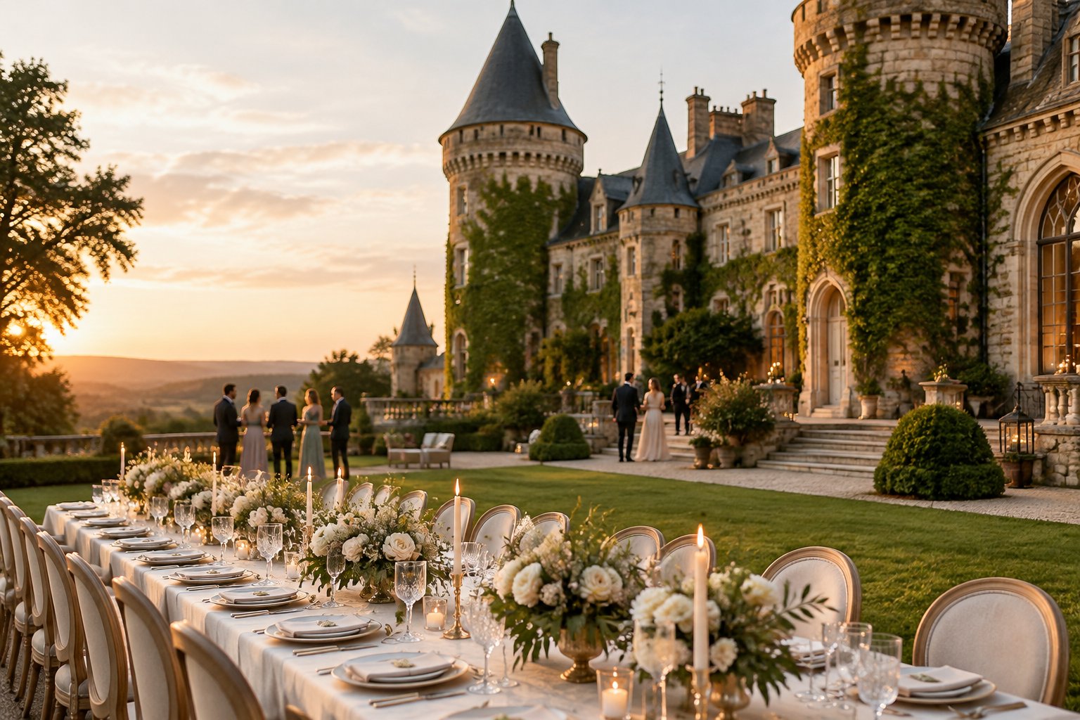 An elegant wedding reception set on the grounds of a grand stone castle.