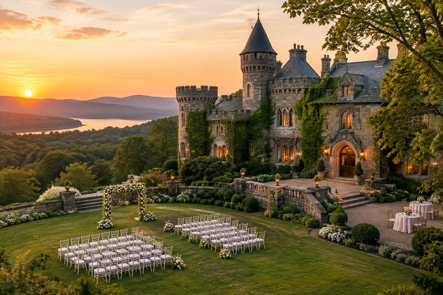 A historic stone castle wedding venue with a floral ceremony arch and white chairs on a landscaped lawn.