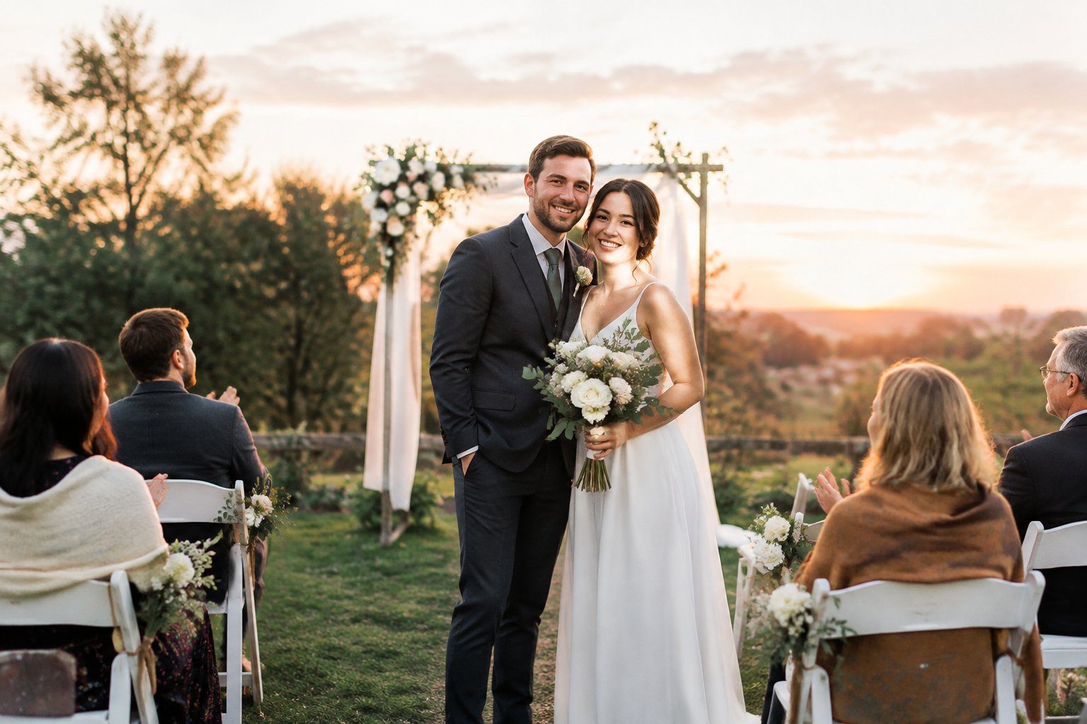 A smiling couple celebrates their simple outdoor wedding with a few guests and modest decorations.