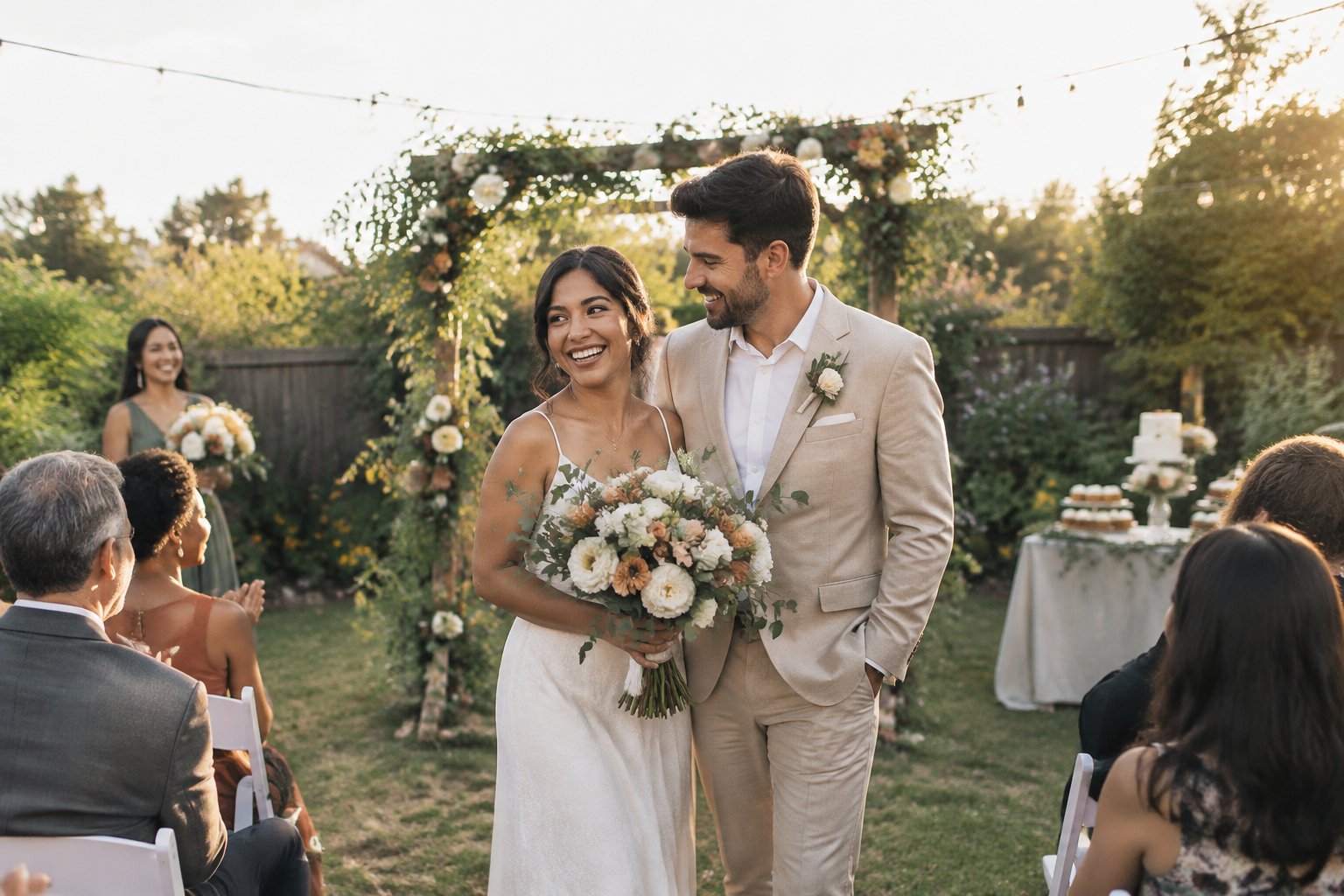 A newlywed couple celebrates with family and friends at a simple outdoor wedding decorated with flowers and string lights.