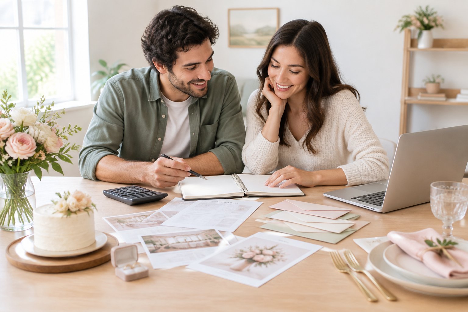 A happy engaged couple reviews wedding expenses with a calculator, notebook, and simple wedding items.