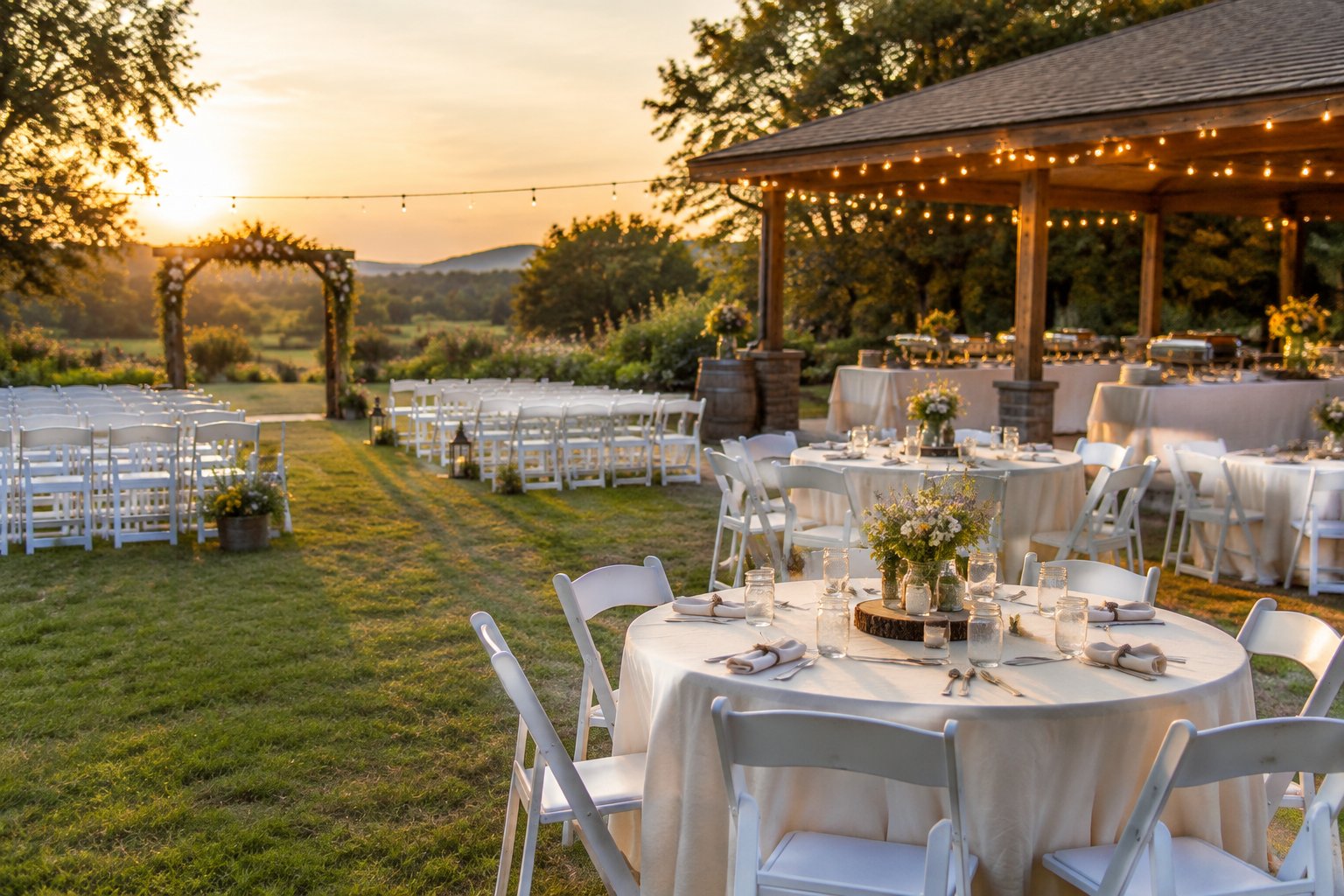 A simple outdoor wedding venue with rows of chairs, a floral ceremony arch, decorated reception tables, and string lights.
