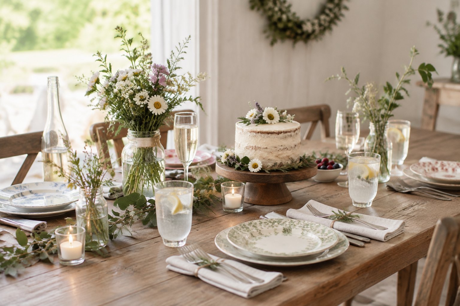 A simply decorated wedding reception table with modest flowers, drinks, dinnerware, and a small cake.