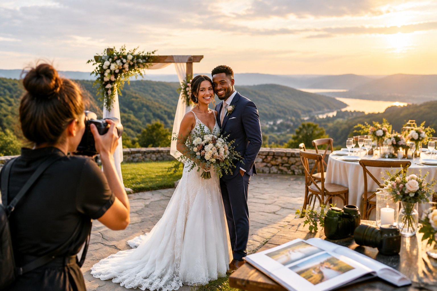 A newlywed couple poses outdoors at a scenic resort while a wedding photographer takes their picture.