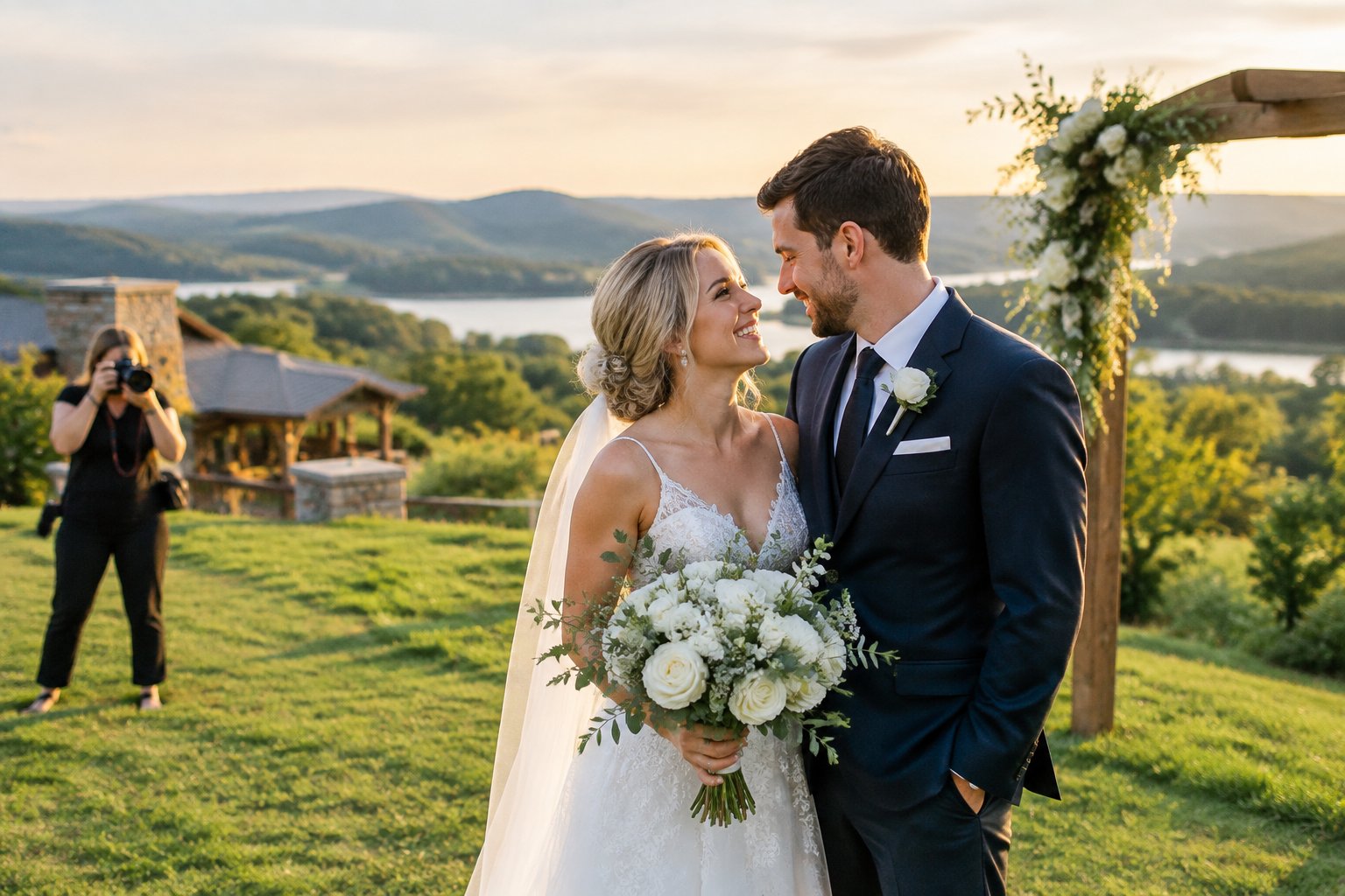 A newlywed couple poses outdoors while a wedding photographer captures their portrait.