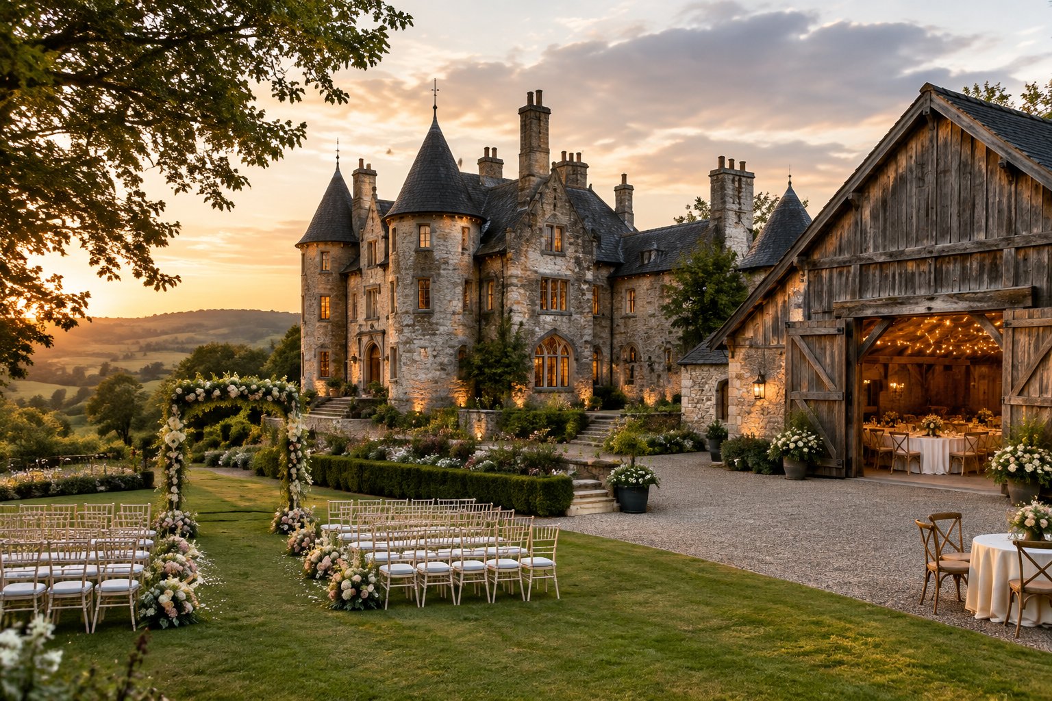 A historic castle and rustic barn arranged as an elegant countryside wedding venue.