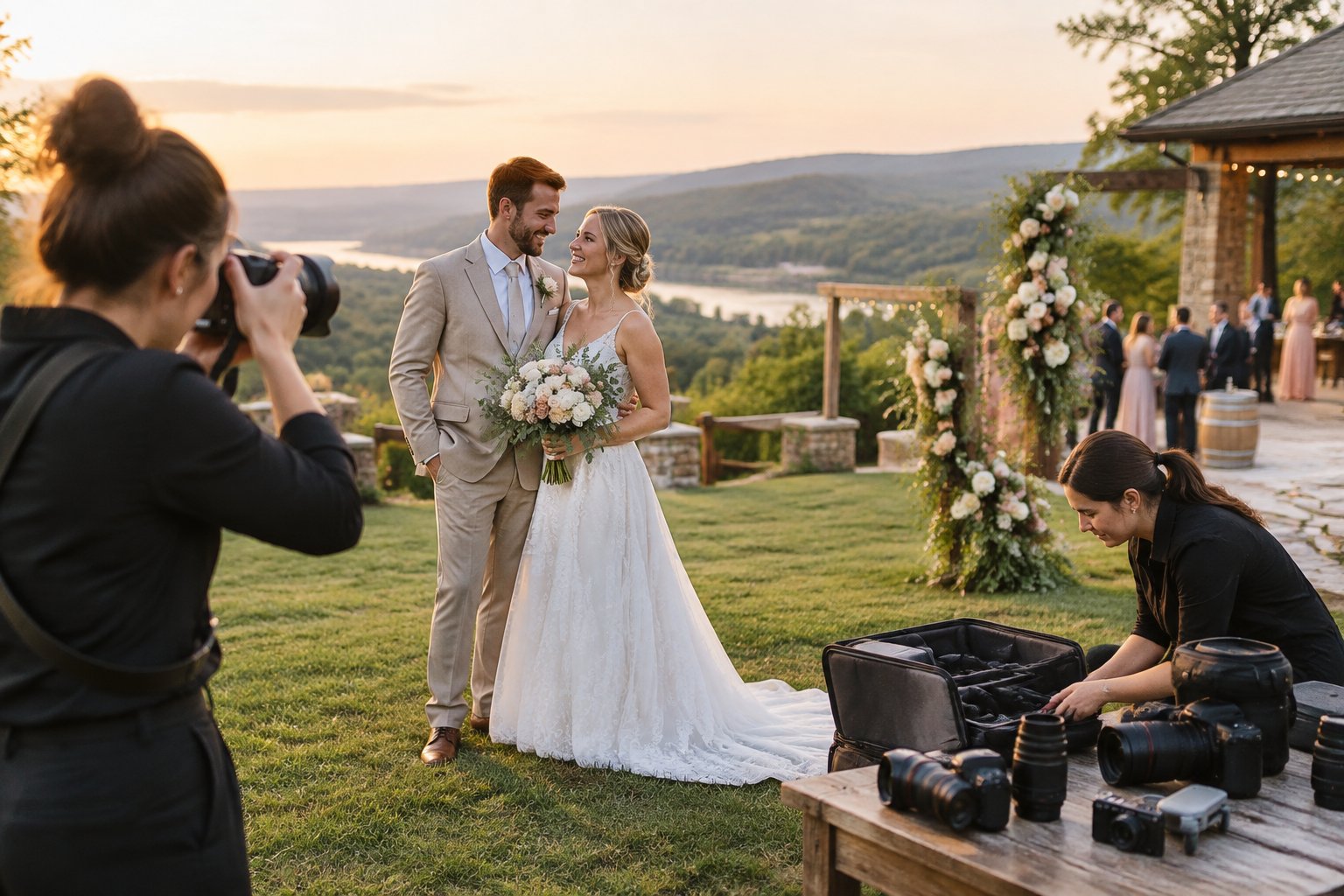 A newlywed couple poses outdoors while a photographer captures their Branson wedding celebration.