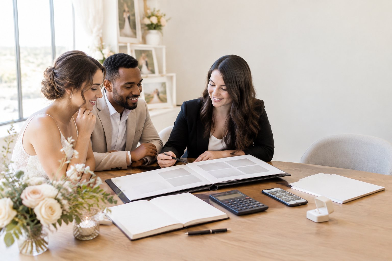 A couple discusses wedding photography costs with a photographer at a planning table.