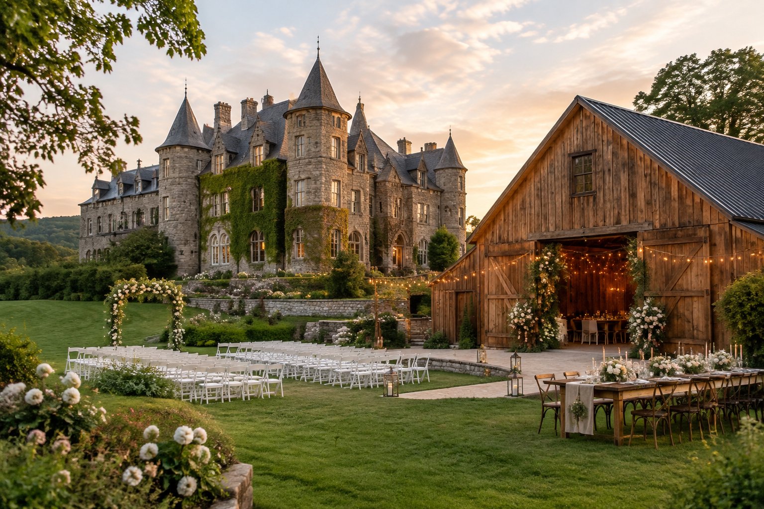 A historic stone castle and a rustic barn arranged as an elegant countryside wedding venue.