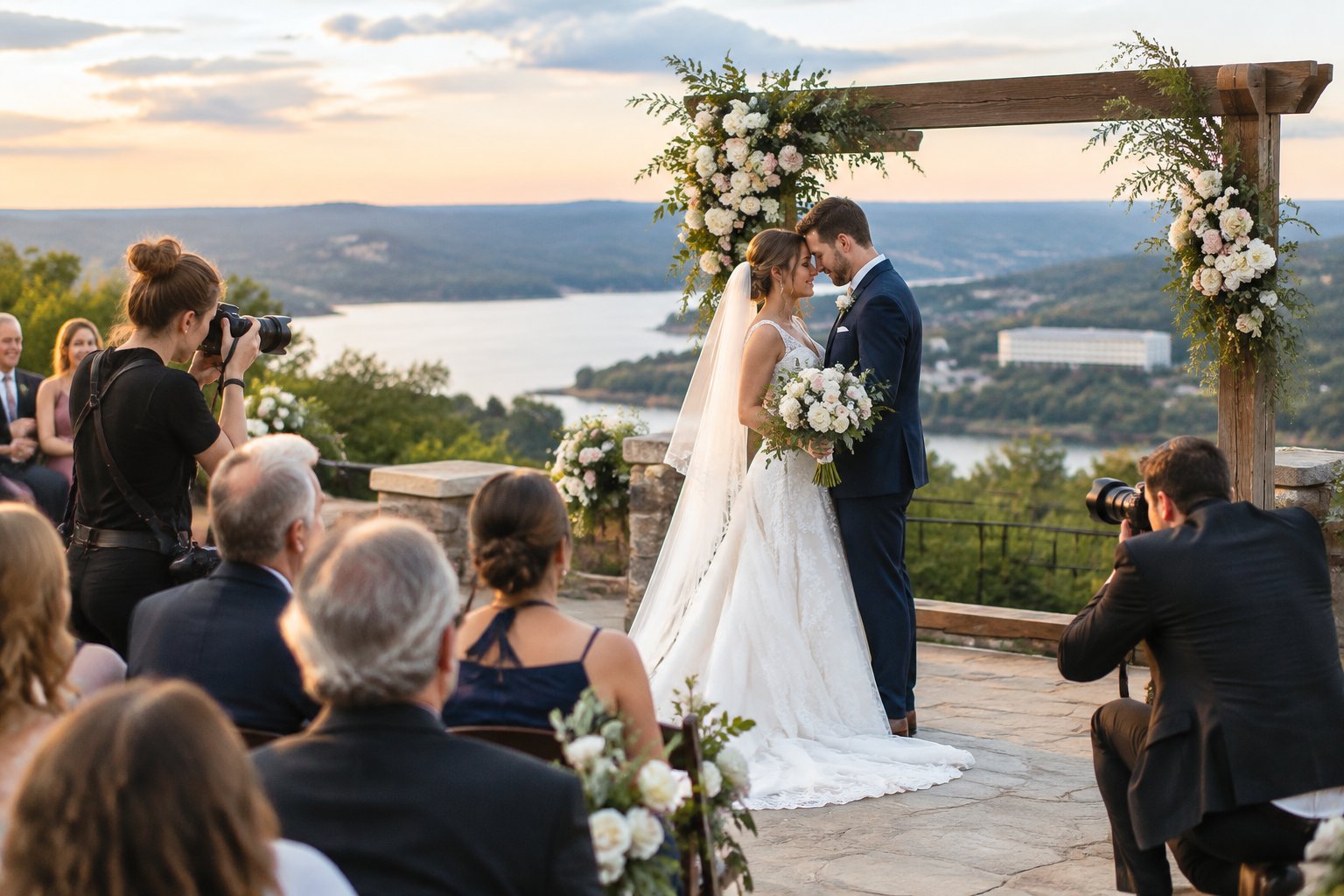 A bride and groom share a moment while two photographers capture different parts of their wedding celebration.