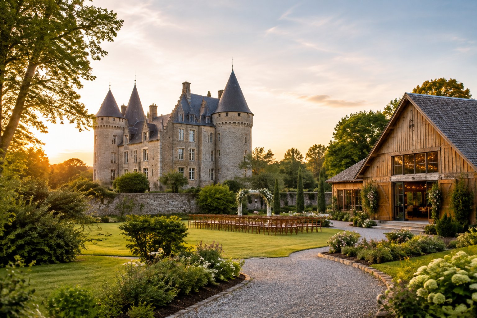 A historic castle and rustic barn wedding venue surrounded by landscaped grounds and trees.