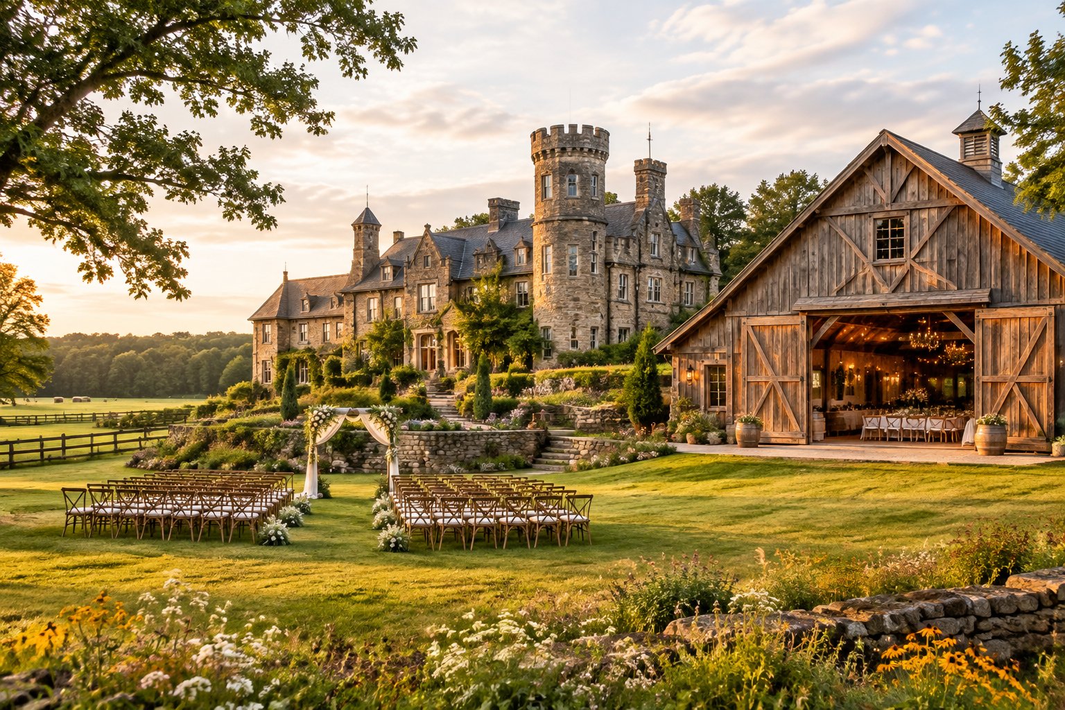 A stone castle-style estate and elegant wedding barn surrounded by gardens, fields, and rolling countryside.