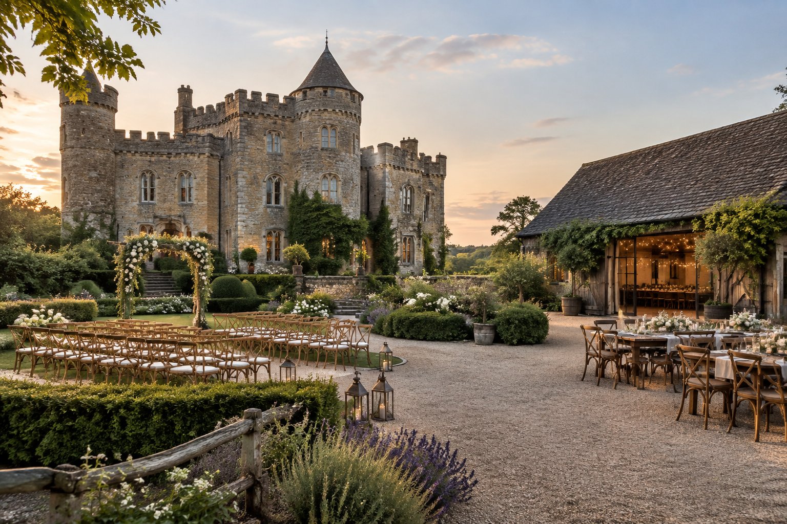 A historic stone castle beside a rustic barn reception venue, surrounded by a landscaped garden prepared for a wedding.