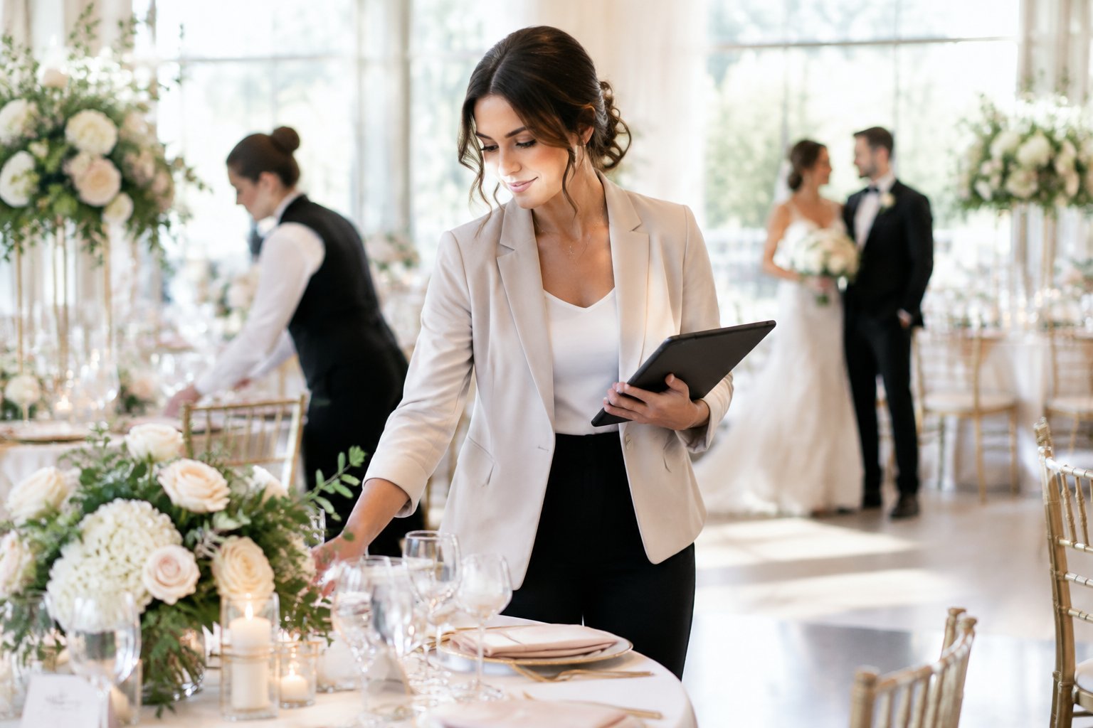 A wedding coordinator organizes reception details while a couple and venue staff prepare for the ceremony.