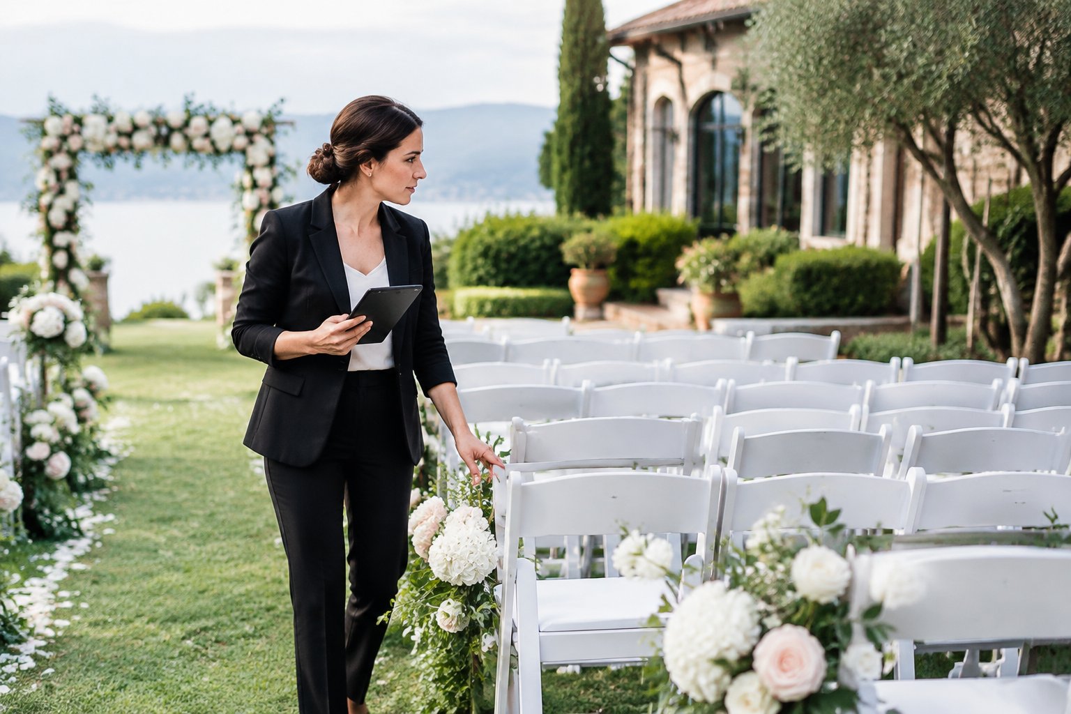 A wedding coordinator checks an outdoor ceremony setup while arranging chairs and flowers.