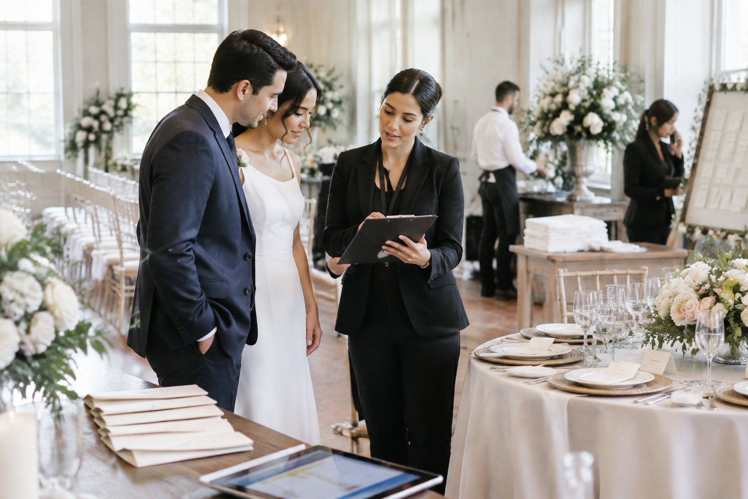 A wedding coordinator reviews final preparations with a couple while venue staff work in the background.