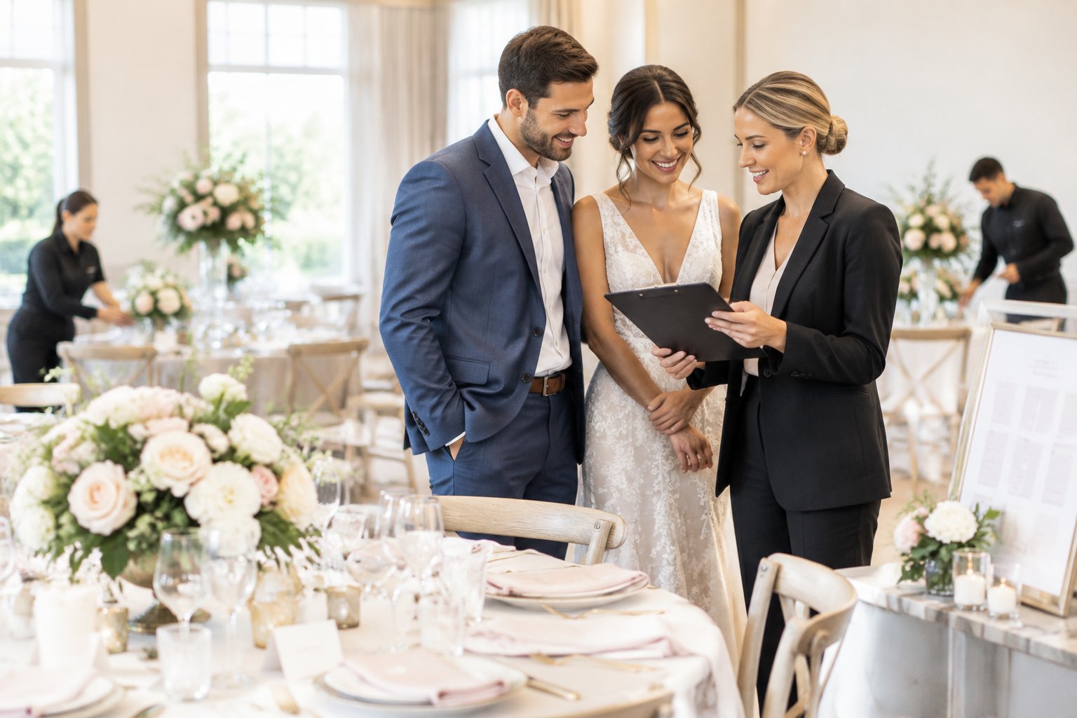 A wedding coordinator reviews reception details with a relaxed couple in an elegantly decorated venue.