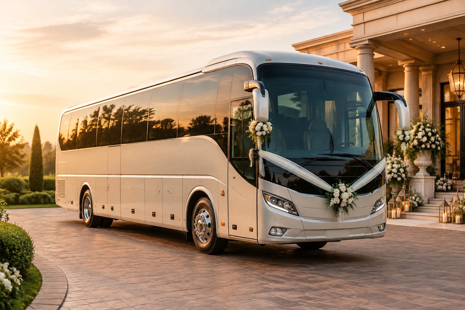 An elegant decorated bus parked outside a wedding venue.