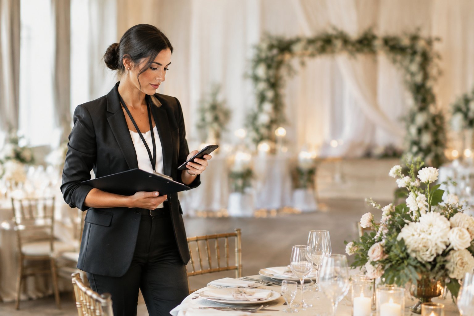 A wedding coordinator checks event details beside a prepared reception table.
