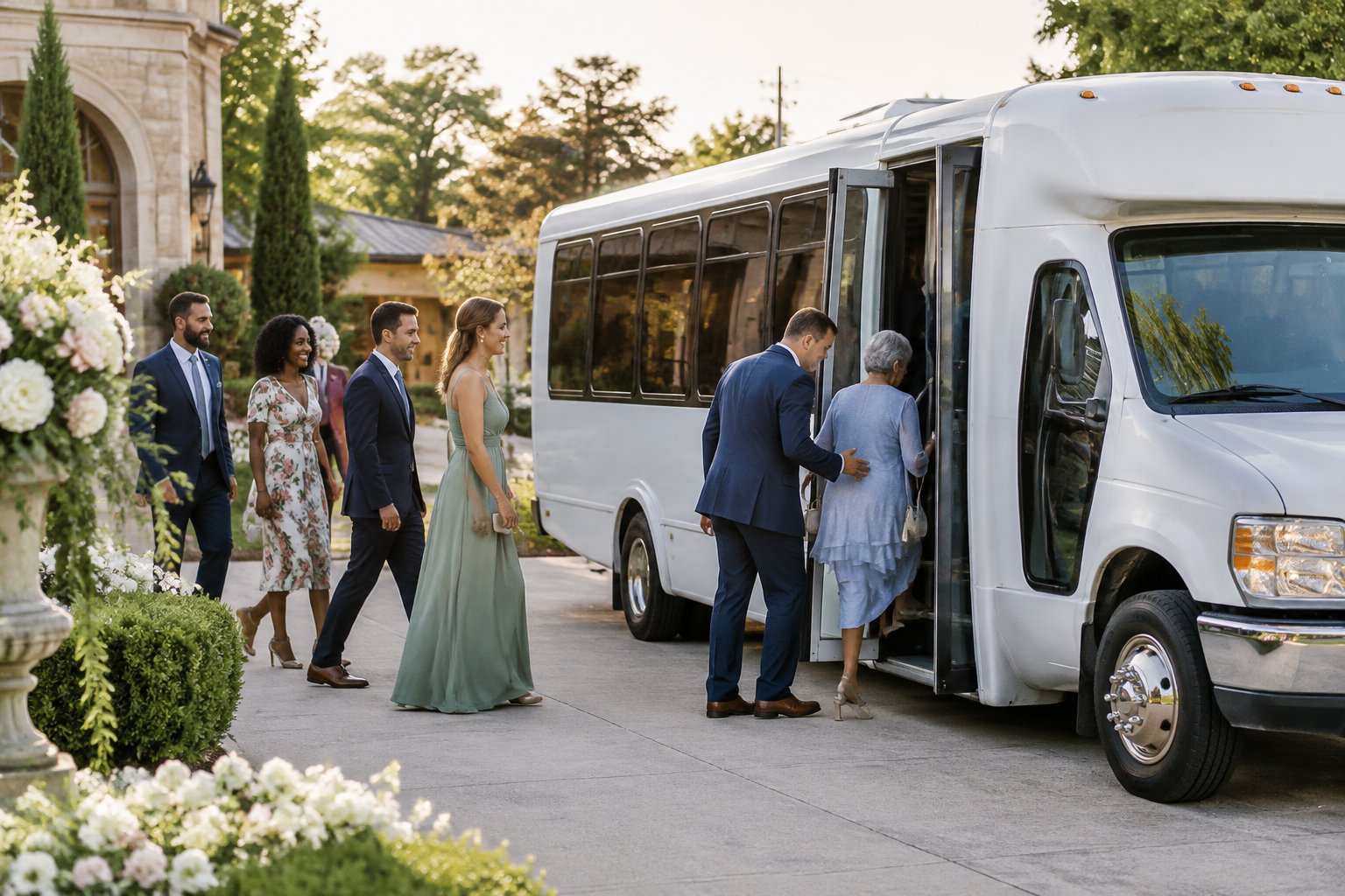 Wedding guests board a white shuttle bus outside an elegant venue.
