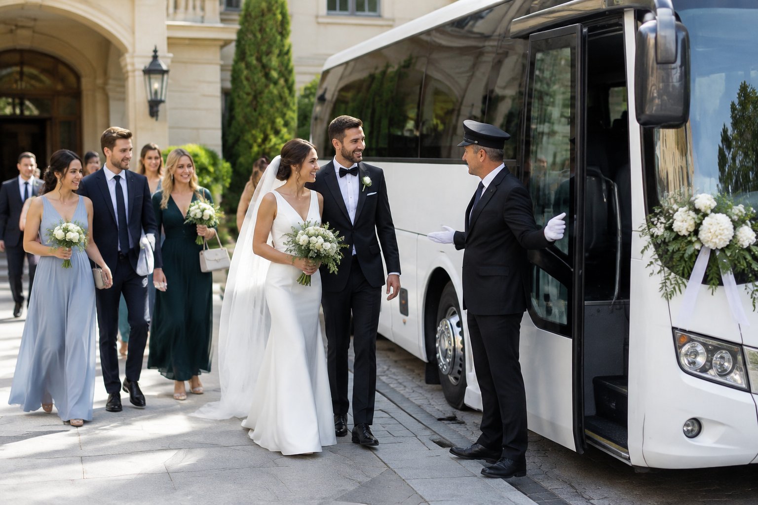 A bride, groom, and wedding guests board an elegant shuttle bus outside a wedding venue while a chauffeur assists them.