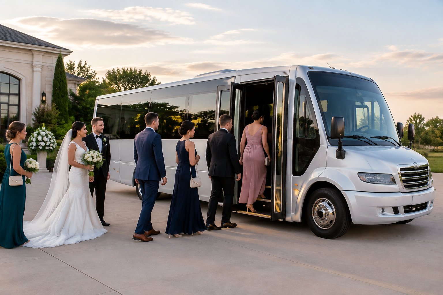 Wedding guests board an elegant shuttle bus outside a wedding venue.