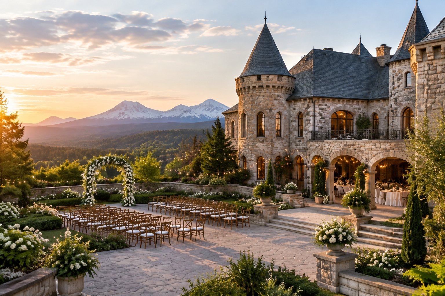 A grand castle wedding venue with gardens, ceremony chairs, and mountain scenery near Bend, Oregon.