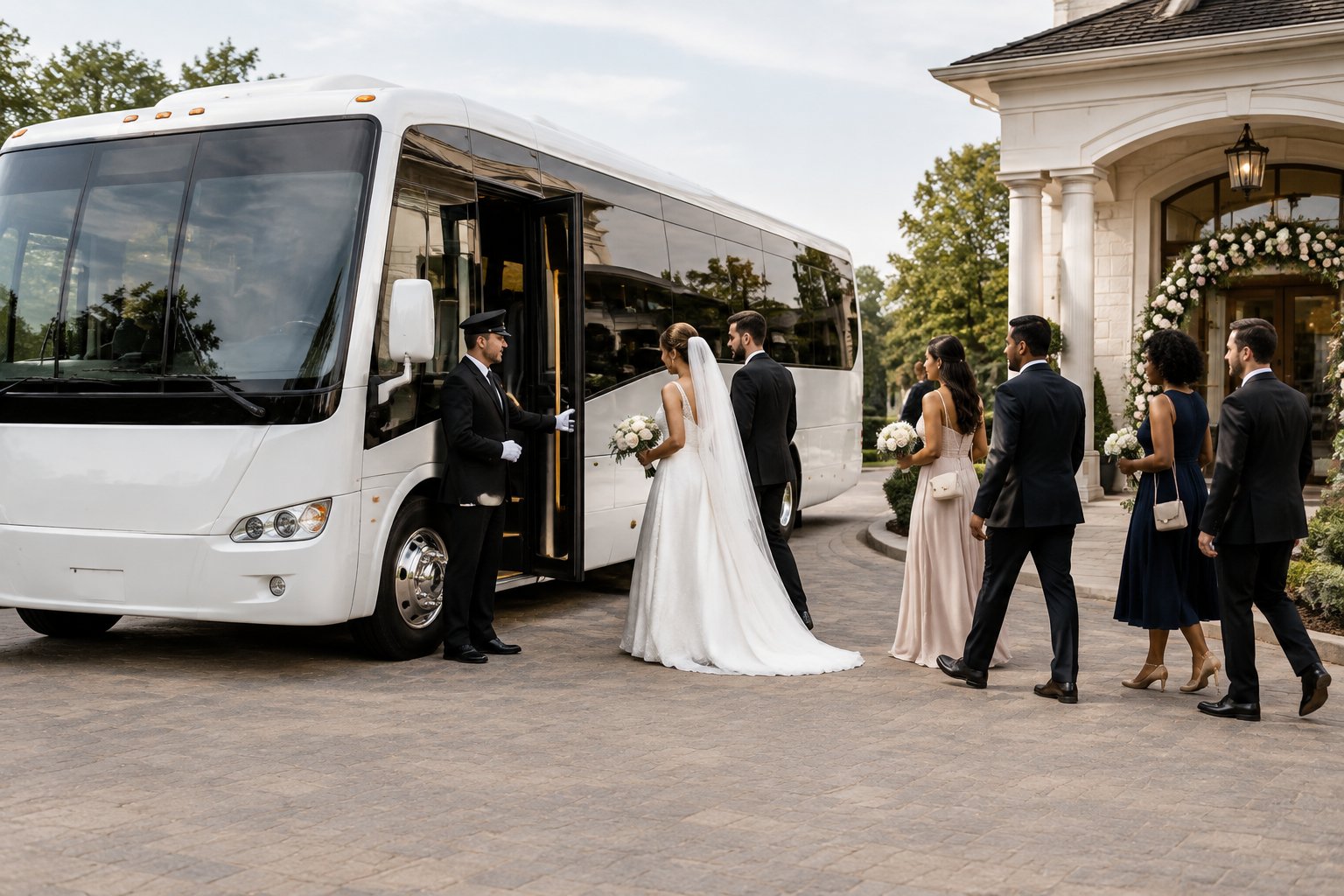 A wedding couple and guests board an elegant shuttle bus outside a wedding venue.