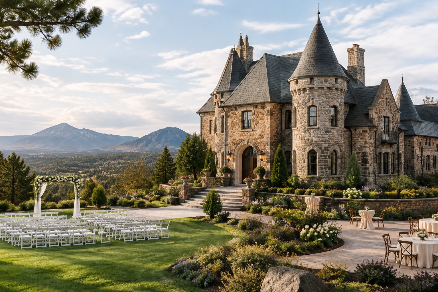A stone castle wedding venue surrounded by gardens and mountains, with a simple outdoor ceremony setup.