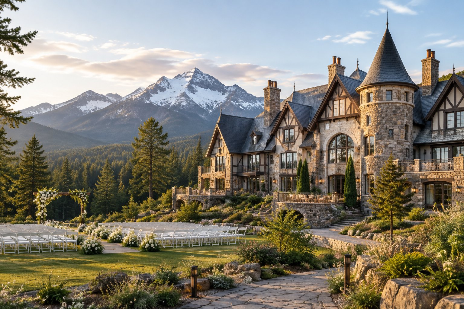 A castle-style mountain chateau surrounded by evergreens and snowy peaks, with an outdoor wedding ceremony setup in the foreground.