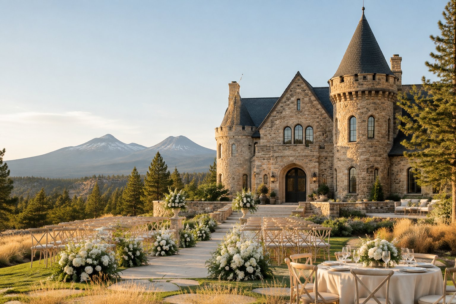 A grand stone castle-style wedding venue surrounded by Central Oregon high-desert scenery and elegant outdoor ceremony decorations.