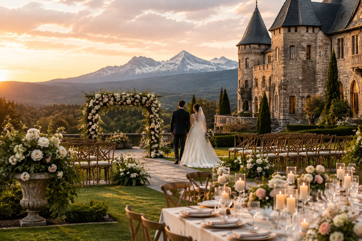 An elegant castle wedding venue with floral decorations, mountain scenery, and a bride and groom.