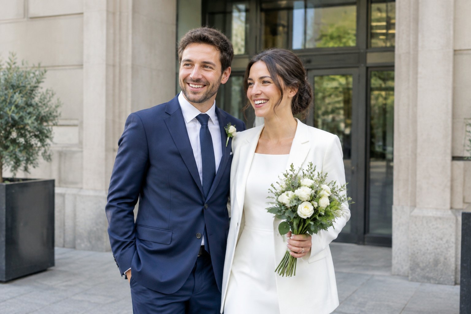 A smiling couple in wedding attire stands outside a registry office with a small bouquet.