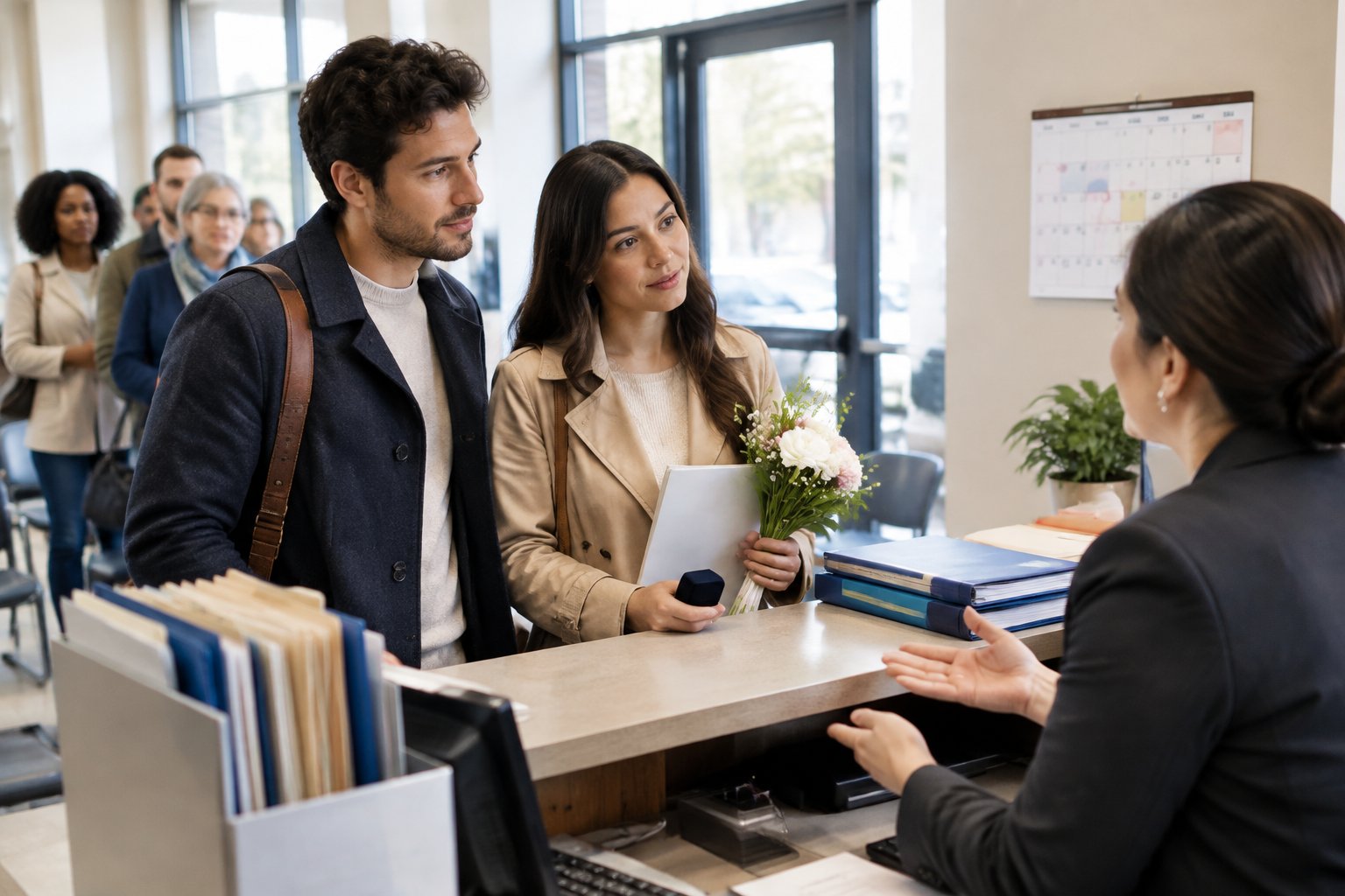 An engaged couple speaks with a registry office clerk near a reception desk.