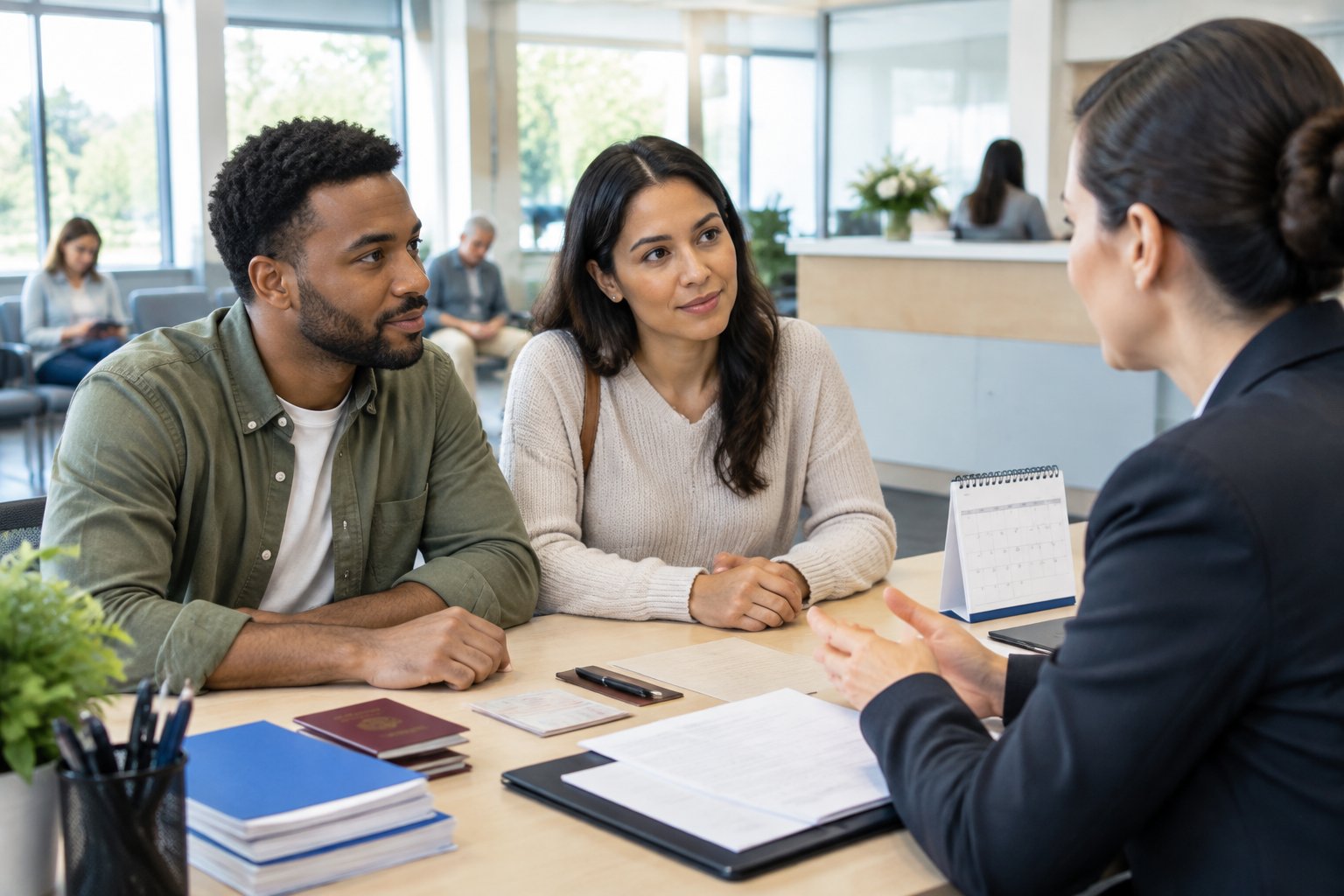 A couple discusses marriage registration requirements with a registrar at a civil registry office.