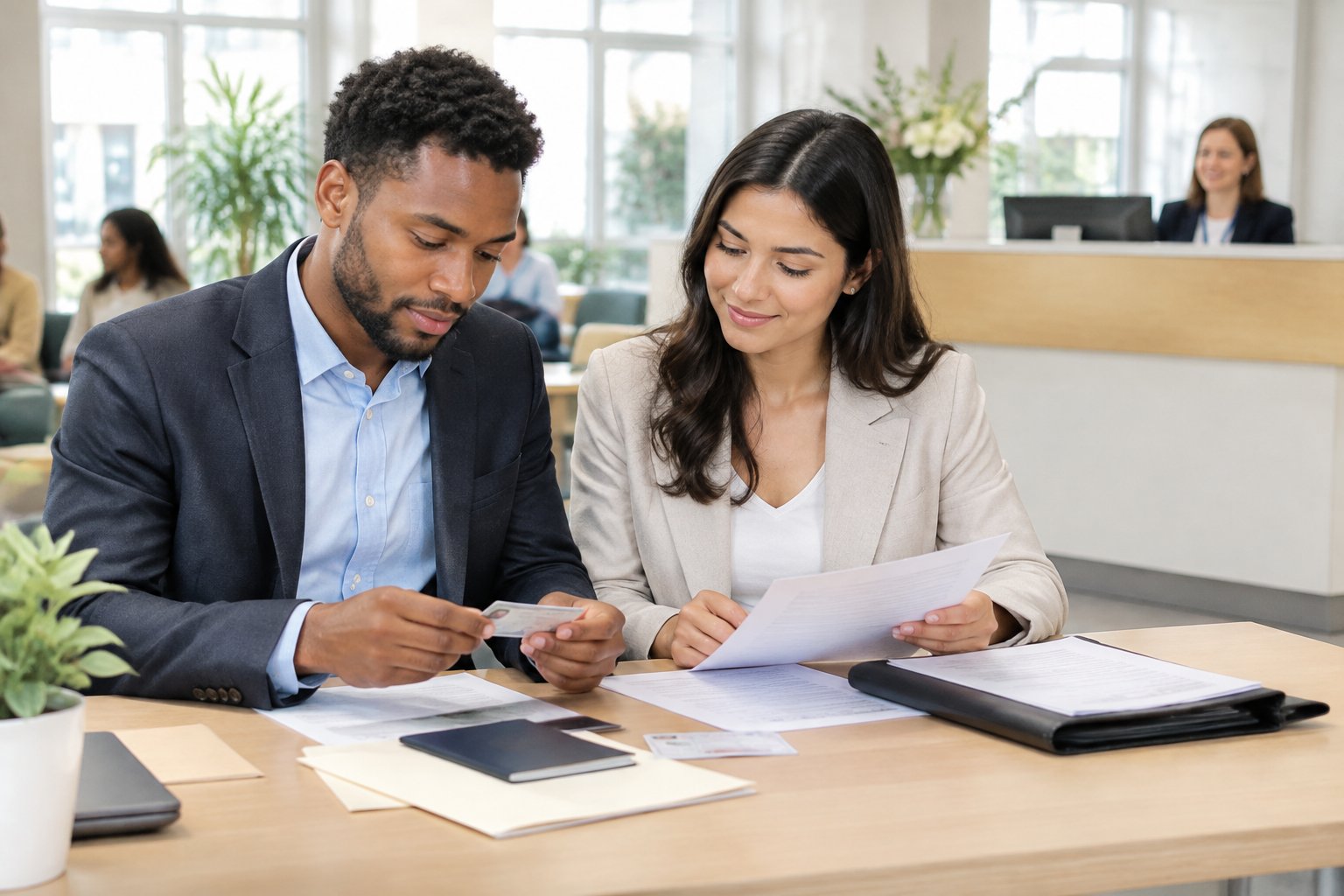 An engaged couple organizes official documents with a clerk in a registry office.