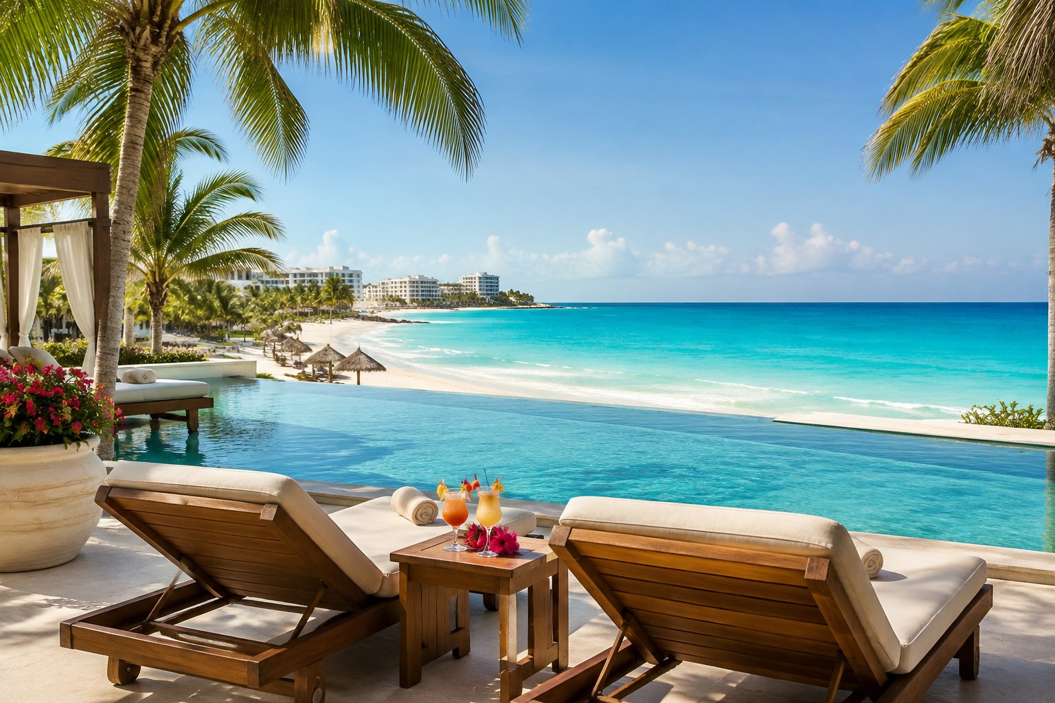 A luxurious Cancun beach resort with an infinity pool, white sand, palm trees, and turquoise Caribbean water.